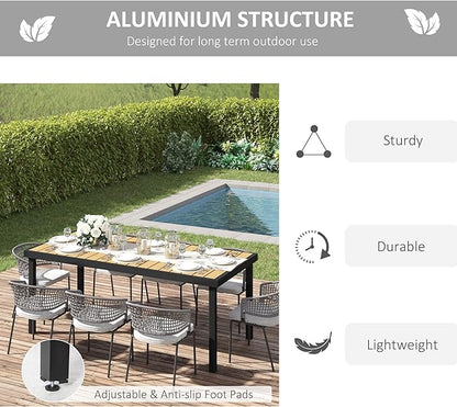 Outsunny 75" x 35" Outdoor Dining Table for 8 People, Rectangular Aluminum Frame Garden Table with All-Weather Faux Wood Top for Garden, Lawn, Patio, Natural