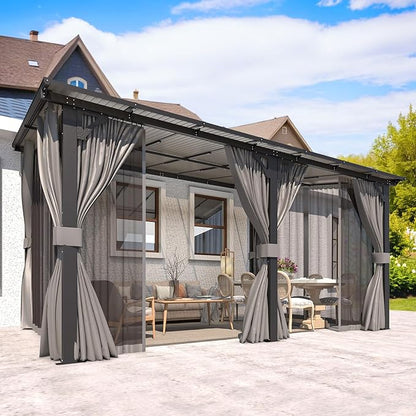 AECOJOY 14' x 10' Gazebo for Patio, Hard Top Lean to Gazebo Pergola with Curtains and Mosquito Netting, Large Wall-Mounted Heavy Duty Awnings for Patio, Decks, Backyard and More