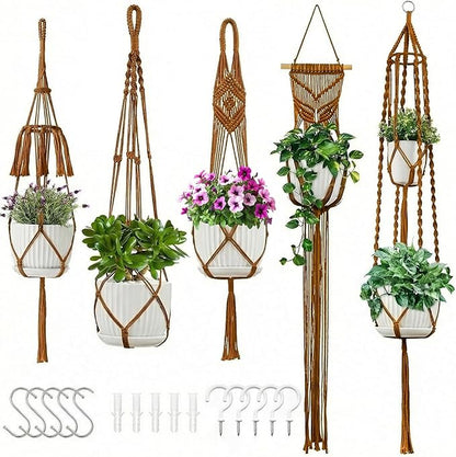 Macrame Plant Hangers, 5Pack Hanging Planters for Indoor Plants w/ 5 Set Hooks Handmade Cotton Rope Hanging Plant Holders Plant Hanger Indoor for Boho Home Decor (Planter Pot Not Included)
