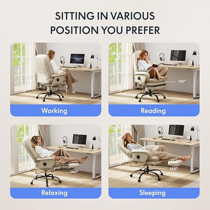 FLEXISPOT Luno 2-in-1 Chaise Lounge Chair Indoor with Wheels Footrest 90-165° Reclining Lumbar Support, Home Office Chairs for Living Room Bedroom Study Working Relaxing, Leather, Beige White