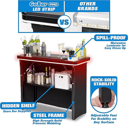 GoBar PRO Commercial Grade Portable Bar Table - Mobile Bartender Station for Events - Includes Black Skirt and Carry Case - Standard or LED, Pack 1