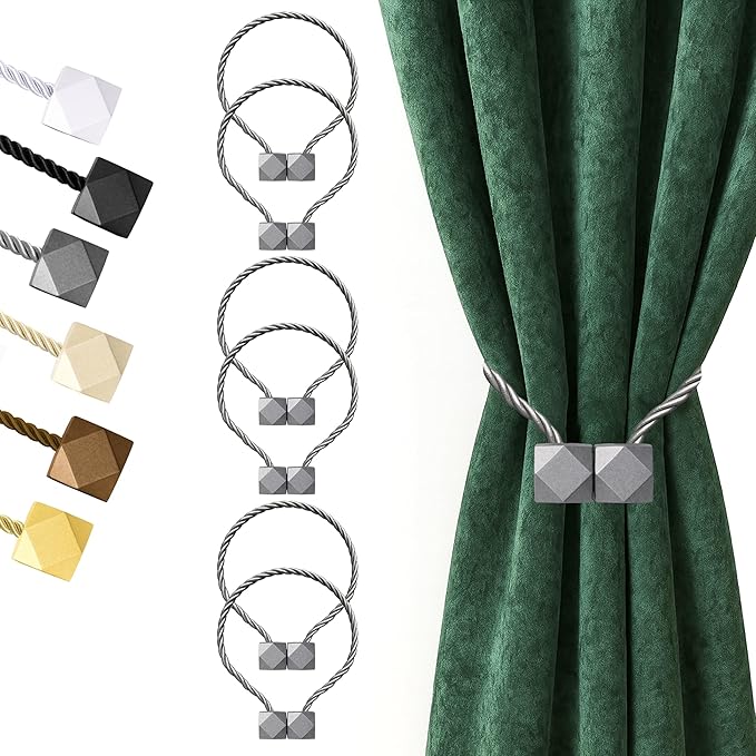 Hion Magnetic Curtain Tiebacks Grey 6 Pack, Curtain Tiebacks Buckles Holdbacks Holders Hooks Clip for Home Bedroom Office Decorative Thick or Thin Curtain