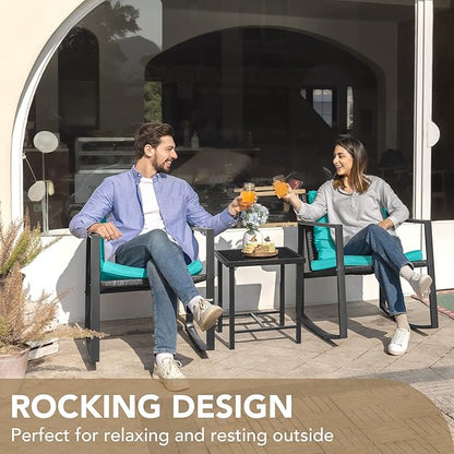 Devoko 3 Piece Rocking Bistro Set Wicker Patio Outdoor Furniture Porch Chairs Conversation Sets with Glass Coffee Table (Blue)