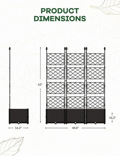 3 PCS Raised Garden Bed with Trellis & Privacy Screen, 50"w x 63"Tall Vertical Garden Planter Box for Climbing Plants - Sturdy Lightweight Outdoor Planter for Vegetables, Flowers on Patio, Balcony