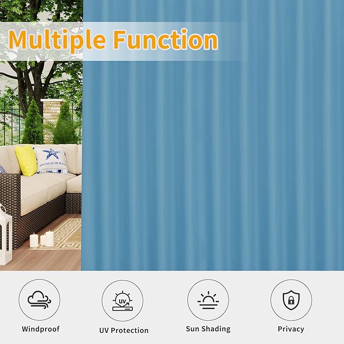 Easy-Going Outdoor Patio Curtains Detachable Tab Top Windproof Weatherproof Curtain for Cabana, Porch, Pergola and Gazebo, Tab Bottom Drape, 2 Panels, 110W x 108L inch, Sky Blue
