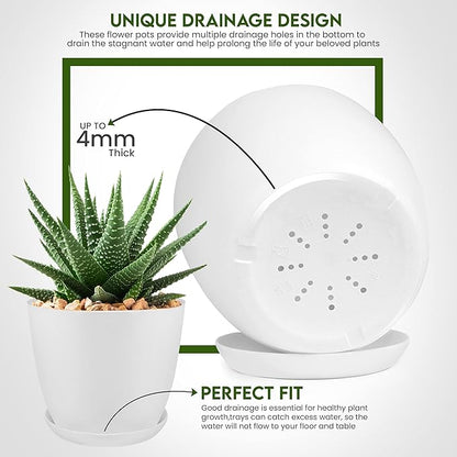 Utopia Home Plant Pots Indoor with Drainage Holes – Set of 5 White Plastic Flower Pots (7/6.6/6/5.3/4.8 Inch) – Modern Planters for Indoor Plants, Room & Office Décor, Great Stocking Stuffers