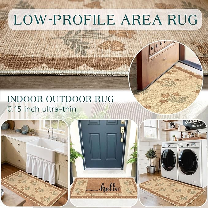 Outdoor Rug with Floral Print, Scalloped Edge, 2 x 4.3 Ft