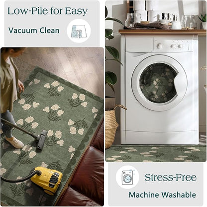 Outdoor Rug 3x5 Sage Green Floral Washable Entry Mat