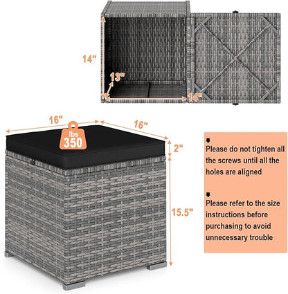 RELAX4LIFE Wicker Outdoor Storage Ottoman - 2-Piece Rattan Footstool w/Removable Cushion, Multipurpose Footrest Foot Stool Seating, Set of 2 Outdoor Ottomans for Patio Deck (Mix Grey-Black)