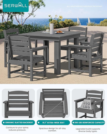 SERWALL Outdoor Dining Set for 4, HDPE Square Table and Chairs Set All Weather Patio Dining Set with 4 Classic Dining Chairs, 5-Piece Patio Dining Furniture for Deck, Gray