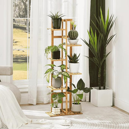 DolceLuna Plant Stand Indoor Corner, Tiered Bamboo Plant Shelf 46 Inch Tall, Plant Rack 6 Tier for Multiple Small Plants, Flower Holders for Living Room Bedroom Window Patio Balcony, Natural