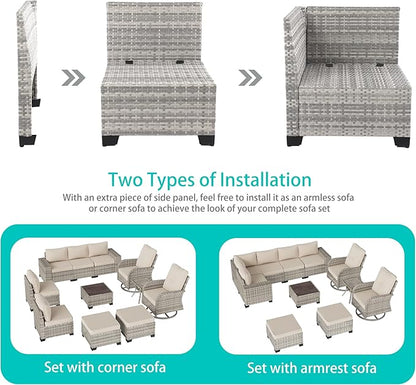 11-Piece Outdoor Patio Furniture Set with Rocking Swivel Chair Wicker Sectional Sofa Set, Patio Conversation Set with Ottomans & Coffee Table for Garden, Backyard, Poolside, White
