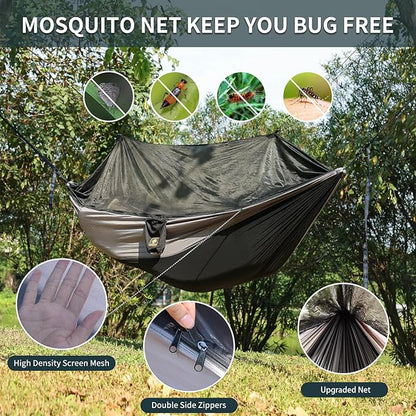 Camping Hammock with Net,Travel Portable Lightweight Hammocks with Tree Straps and Solid D-Shape Carabiners,Parachute Nylon Hammock for Outsides Backpacking Beach Backyard Patio Hiking