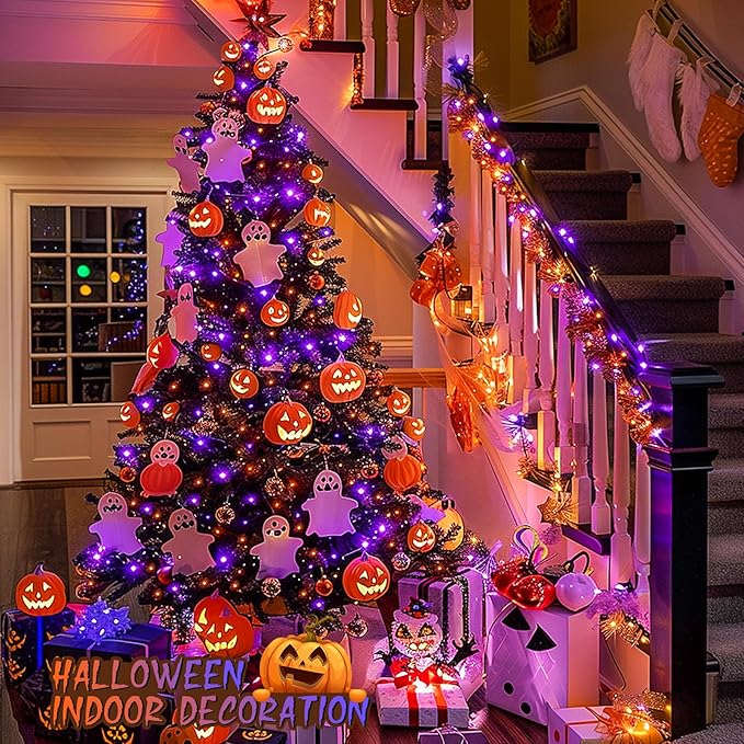 String Lights, 600 LED Orange and Purple with 8 Modes for Halloween