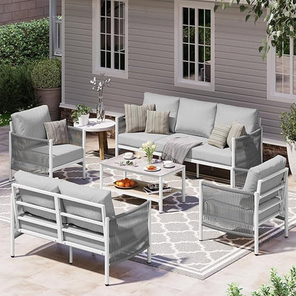 Aluminum Outdoor Patio Furniture Set with Dual-Layer Coffee Table, 5 Piece Modern Patio Conversation Sets with PE Rope, Outdoor Sectional Sofa with Thick Cushions for Balcony, Deck, White