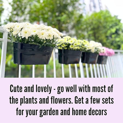 LaLaGreen Rail Planter Outdoor Plants(11.8 Inch, 15 Pack) Black Metal Iron Hanging Flower Pots Deck Railings Fence Buckets Modern Countryside Boho Style Wall Mount Window Box Plant Holder Porch Decor
