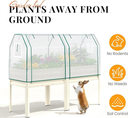 KING BIRD Large Raised Garden Bed with Netting Galvanized Elevated Planter Box with Legs 72×23×55 in for Backyard, Patio, Balcony, 700lb Capacity, Beige