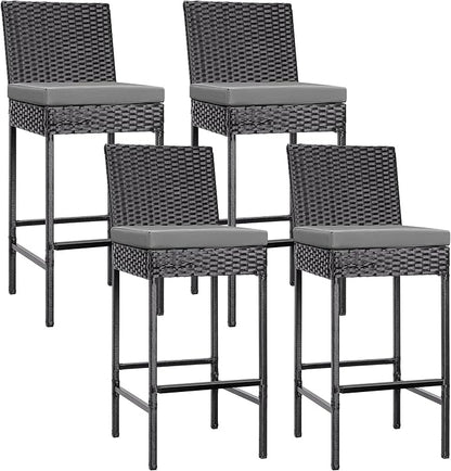 VIVOHOME Outdoor Wicker Barstool 4 Packs, Bar Chairs PE Rattan Materail, Patio Stools with Cushions, Black