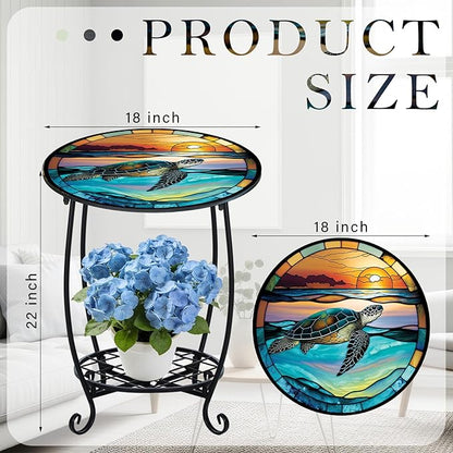 Outdoor Side Table Round Small Mosaic Patio Accent Indoor End Plant Coffee Tea Table for Yard Patio Porch Garden Living Room, Bedroom(Turtle Style,18 Inch)