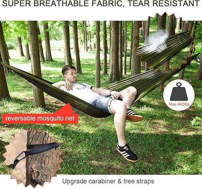 Camping Hammock with Rain Fly Tarp and Mosquito Net Tent Tree Straps, Portable Single Double Nylon Parachute Hammock Rainfly Set for Backpacking Hiking Travel Yard Outdoor Activities Green