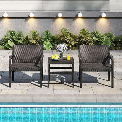 COSTWAY 3 Piece Patio Furniture Set, Outdoor PP Rattan Wicker Furniture Set with 2 Modern Rattan Armchair and 25” Squire Side Table for Patio, Garden, Poolside, Bistro, Black
