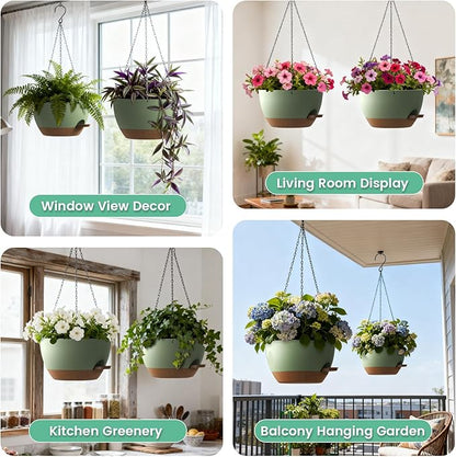 13 Inch 2 Pack Large Self Watering Hanging Planters for Indoor Outdoor Plants, Hanging Plant Pots with Removable 50 Oz Reservoir, Plastic Hanging Basket for Window Porch Garden, Green with Brown