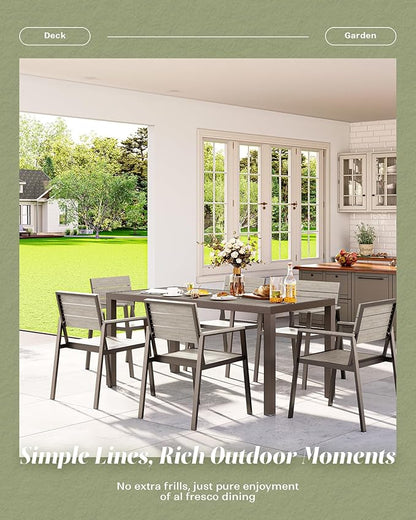 7-Piece Outdoor Dining Set, Aluminum Dining Table Set for 6, Patio Table and Chairs Set with Umbrella Hole, All Weather HDPS Outdoor Table and Chairs for 6 (Gray)