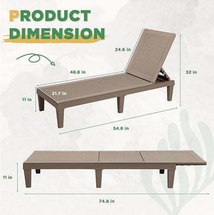 Greesum Outdoor Chaise Lounge Chairs Set of 4 with 5-Position Adjustable Backrest, Waterproof PP Sun Chaise Loungers for Garden Pool Beach Patio Deck Sunbathing, Light Coffee