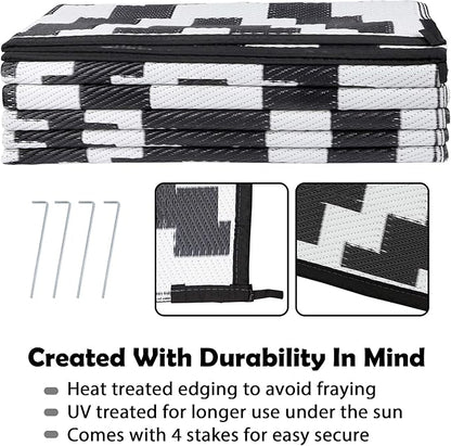 SAND MINE Waterproof Outdoor Rug 9x12 ft, Plastic Reversible Rug, Modern Area Rug, Large Floor Mat for Outdoors, RV, Patio, Backyard, Deck, Picnic, Beach, Camping (9' x 12', Black & White Lattice)