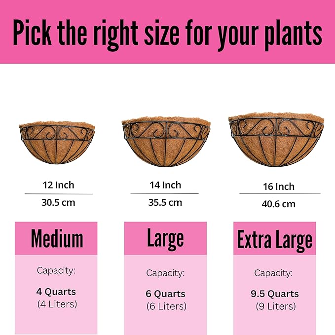LaLaGreen Wall Hanging Planters, 4 Pack, 12 Inch Balcony Flower Baskets with Coco Liner Outside, Outdoor Vertical Garden, Fence Pots Holder Half Round Semi Circle Rail Railing Deck Porch Balcony Patio