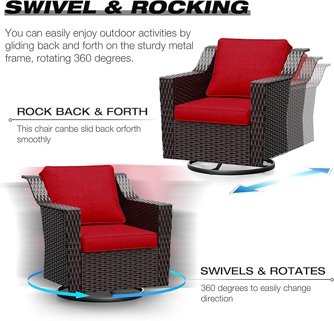 Joyside Wicker Patio Furniture Sets, 8 Pieces Upgraded Large Size Outdoor Furniture with 4 Swivel Rocking Patio Chairs, 3-Seat Sofa, Fire Table, Coffee Table, Thick Cushions, Wide Armrest, Red