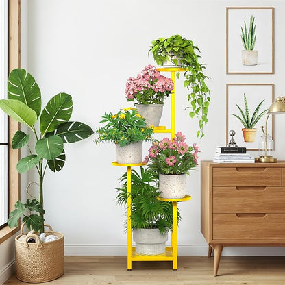 TOSKING 5 Tier Tall Plant Stand Indoor Outdoor, Heavy Duty Corner Shelf for Plants & Decor, Space Saving 3.9FT Metal Flower Pot Stand for Balcony, Garden, Living Room, Patio( Yellow, 5Tier SQ Base)