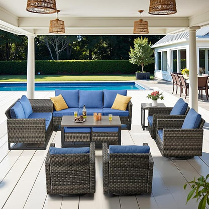 Belord Spacious 11 Pieces Patio Conversation Set - 5-Seater Outdoor Furniture Sectional Sets with Swivel Glider Chairs Set of 4 and Storage Box, Metal Top Coffee Table with Embedded Ottoman Gray