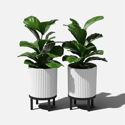 Veradek Demi Series Round Planter w/Stand for Porch/Patio | Durable Plastic-Stone Composite & Wooden Stand | Modern Décor for Tall Plants, Flowers