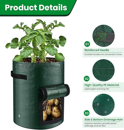 10 Gallon 8-Pack Grow Bags, Durable PE Fabric Pots with Flap and Handles, Green Planter Bags for Potato Vegetables Flowers Herbs Garden Outdoor, 17.7''x13.8'' Large for All Plants Growing
