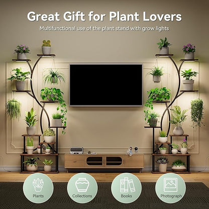 Plant Stand Indoor with Grow Lights 9 Tiered Wood Plant Shelf 62" Tall Plant Stand Metal Frame for Indoor Plants Multiple Flower Pot Holder, Large Plant Rack for Living Room Patio Corner 2 Pack