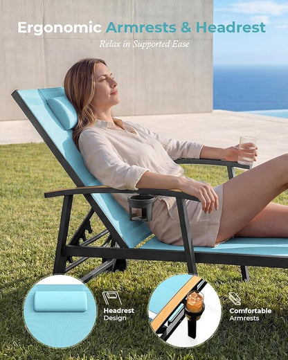 Ciokea Outdoor Lounge Chair with Pillow Set of 2, 5-Position Aluminum Chaise Lounge with Wheels & Armrests, 400 lbs Heavy Duty Patio Pool Chair for Backyard, Deck, Beach & Poolside, Lake Blue