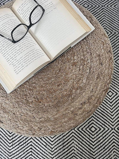 Scandilivin Homes Pouf Ottoman - 100% Jute Braided Footrest Pouf Hand Knitted Traditional Cord Boho Pouffe for Living Room, Bedroom, Nursery, Patio, Lounge Colorblock - Natural Ivory (20”x20”x10”)