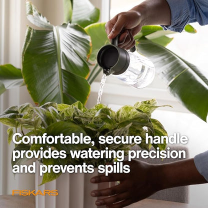 Fiskars Glass Watering Carafe, Indoor Plant Watering Can with Narrow Spout, Small Pitcher for Succulents & Herbs, Easy Fill Top Design for Mess Free Pouring, Modern Decor Style, 17 oz, Clear