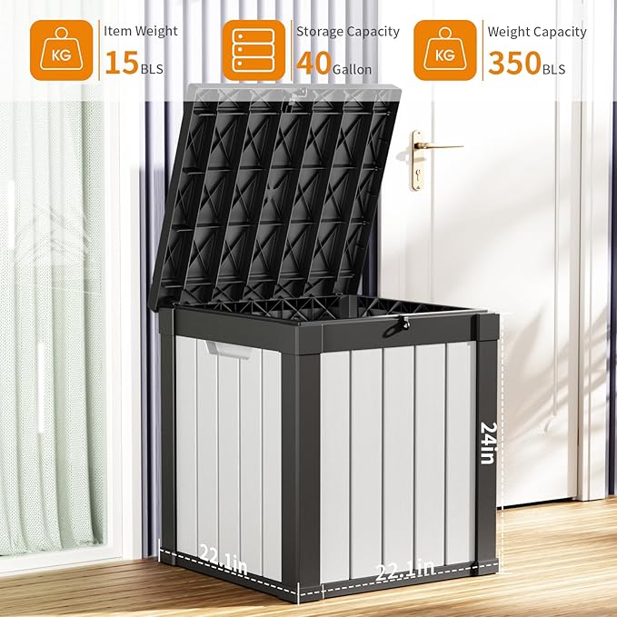 Deck Box Lockable Resin Patio Storage Bench in Black, Wood Grain