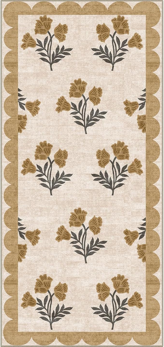 Outdoor Rugs, Beige Floral Scalloped Edge Entryway Mat, 2 x 4.3 ft