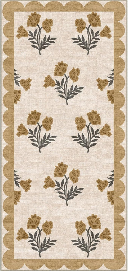 Outdoor Rugs, Beige Floral Scalloped Edge Entryway Mat, 2 x 4.3 ft