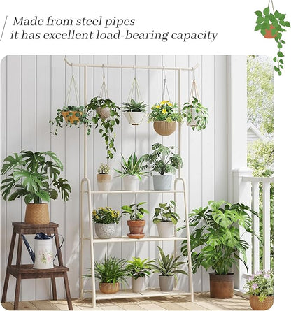 Plant Stand Indoor Outdoor,Metal Plant Stands for Multiple Plants,3 Tier Tall Hanging Plant Shelf,Large Heavy Duty Flower Holder Ladder Plant for Living Room, Patio, Balcony (White)