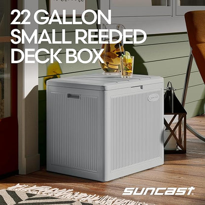 Suncast 22-Gal. Resin Small Outdoor Patio Deck Box with Reeded Design, Modern Outdoor Patio Bench/Storage Box for Cushions, Garden Tools, and More, French Gray