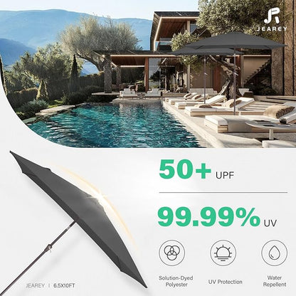 JEAREY 6.5x10 ft Rectangular Patio Umbrellas Rectangle Outdoor Umbrella with Push Button Tilt and Crank, Market Table Umbrella 6 Sturdy Ribs UV Protection for Poolside Garden Backyard Deck, Gray