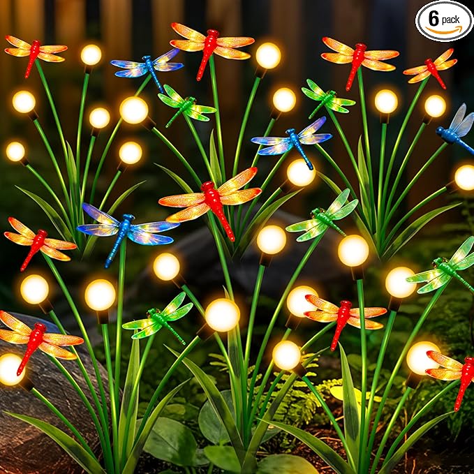 Solar Garden Lights Outdoor - 6 Pack Dragonfly Solar Swaying Light, Sway by Wind, Firefly Lights Outdoor Yard Patio Pathway Decoration, Big Bulb, High Flexibility Iron Wire & Realistic Dragonflies