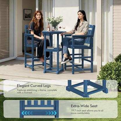 Ciokea 3-Pcs Bistro Table and Chairs, All-Weather Round High Top Bar Table with Storage Shelf and 2 Oversized Adirondack Chairs, Heavy Duty Outdoor Bar Patio Bistro Set for Balcony Deck, Navy Blue