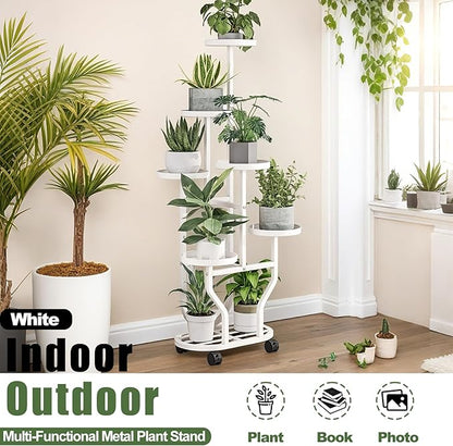 Plant Stand with Wheels 6 Tier Metal Flower Shelf for Indoor Outdoor Corner Multiple Plants Holder Rack for Bedroom Living Room Garden Balcony Yard White (White, 6 Tier)
