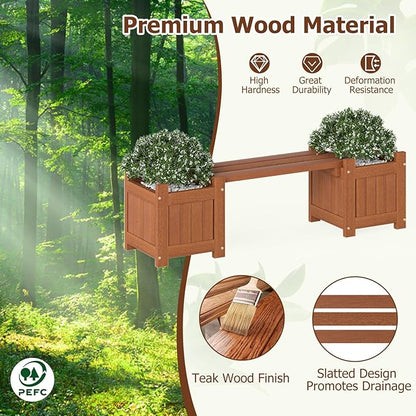 Giantex 2-in-1 Outdoor Bench with 2 Raised Garden Beds, Wood with Teak Oil Finish, Planter Boxes with Open-Ended Base, Garden Bench Seat for Porch Balcony Lawn Yard, DIY Assembly, 42"x11"x11.5"
