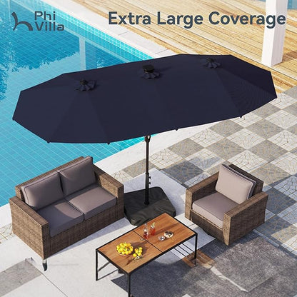 PHI VILLA 13ft Patio Umbrella with Solar-Powered 120 PCS LED Color-Changing Lights, Triple-Head Large Rectangle Umbrella Outdoor Patio for Table with Crank Lift,Navy Blue(No Base)